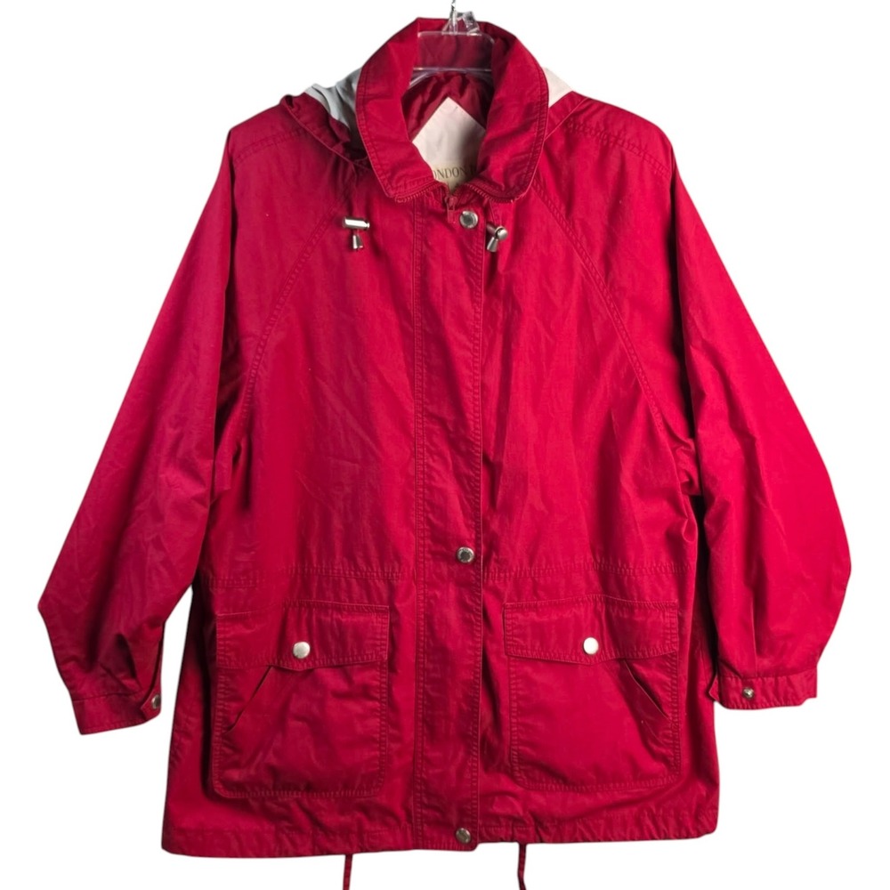 London Fog Womens XL Red Hooded Anorak Rain Jacket Full Zip Utility Windbreaker